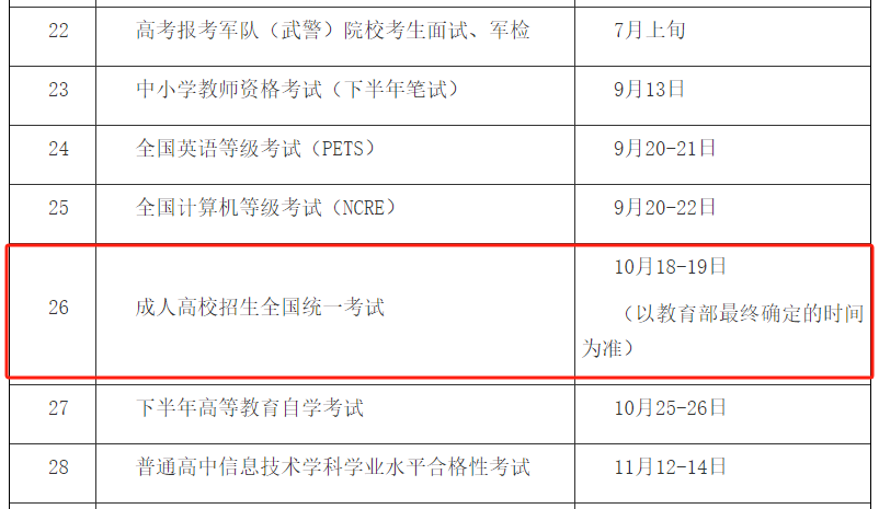 北京成人高考考試時(shí)間